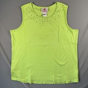 Quacker Factory Tank Womens 1X Green Rhinestone Scoop Neck Sleeveless Top